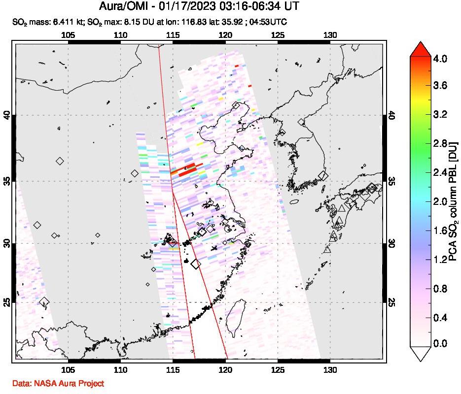 A sulfur dioxide image over Eastern China on Jan 17, 2023.