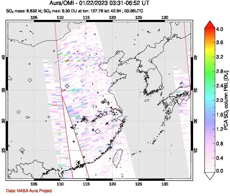 A sulfur dioxide image over Eastern China on Jan 22, 2023.
