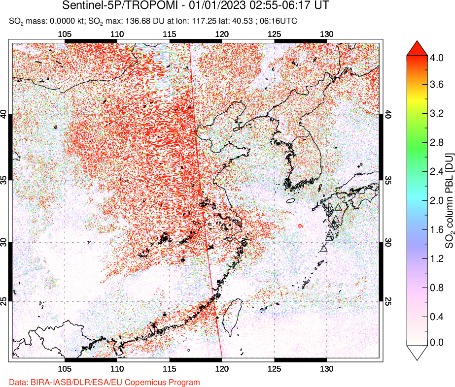 A sulfur dioxide image over Eastern China on Jan 01, 2023.