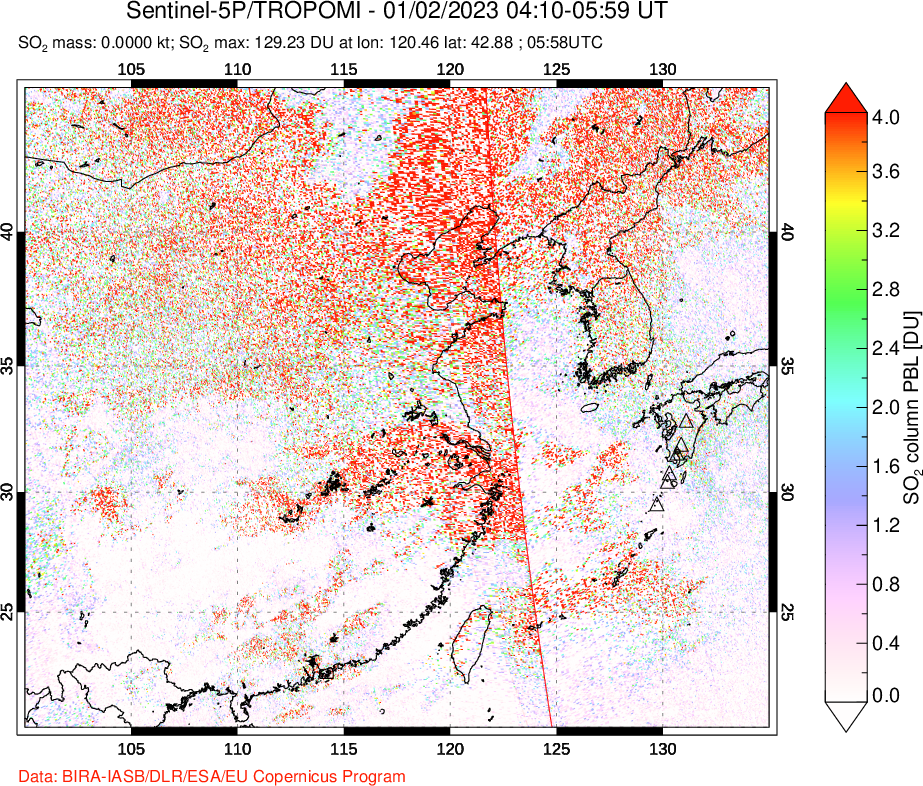 A sulfur dioxide image over Eastern China on Jan 02, 2023.