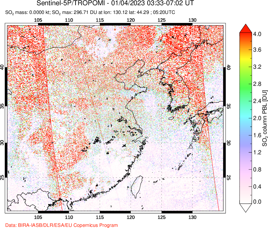 A sulfur dioxide image over Eastern China on Jan 04, 2023.