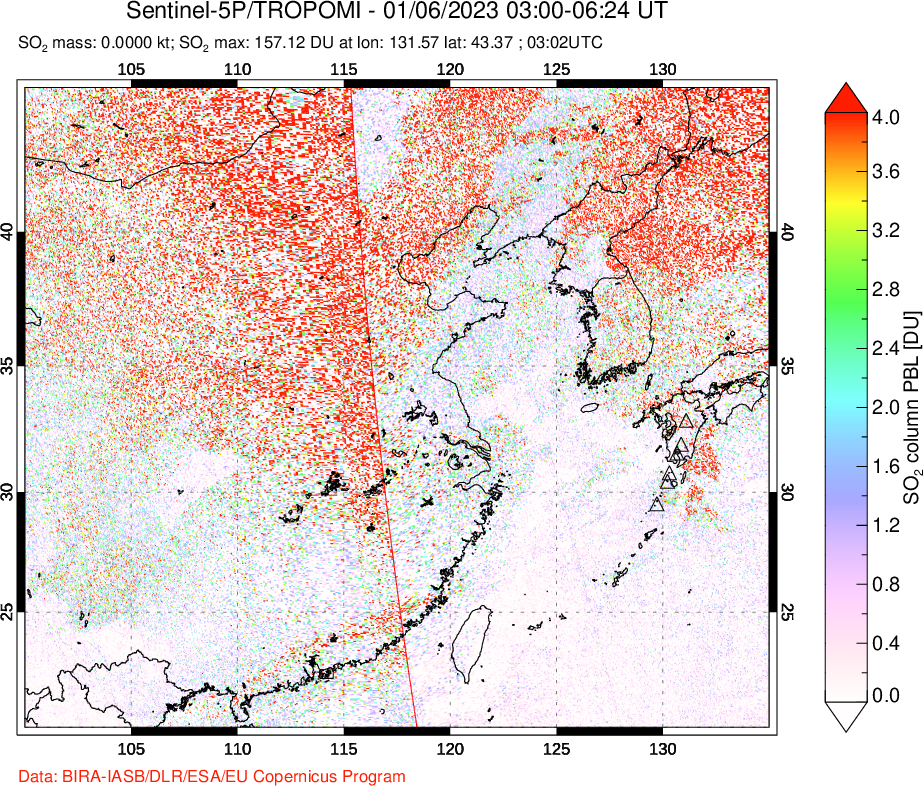 A sulfur dioxide image over Eastern China on Jan 06, 2023.