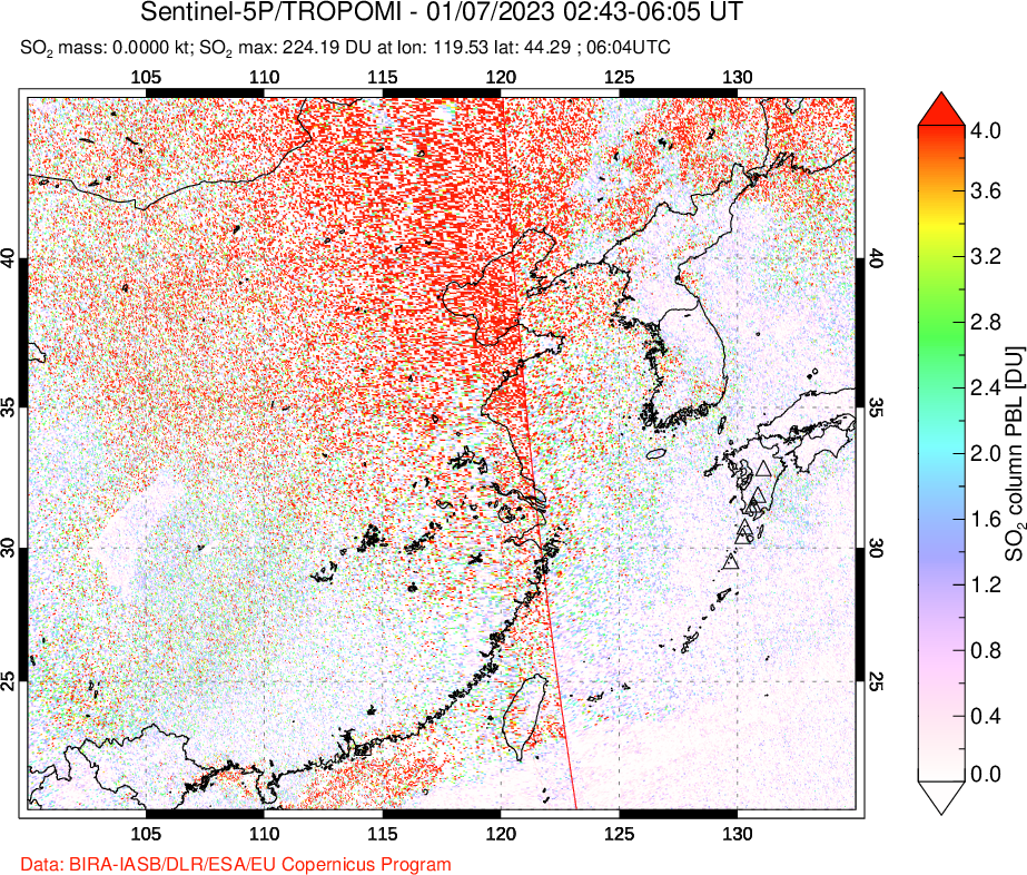 A sulfur dioxide image over Eastern China on Jan 07, 2023.