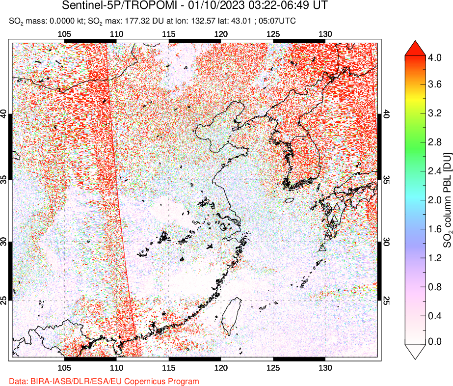 A sulfur dioxide image over Eastern China on Jan 10, 2023.