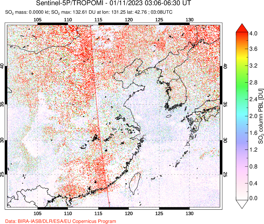 A sulfur dioxide image over Eastern China on Jan 11, 2023.