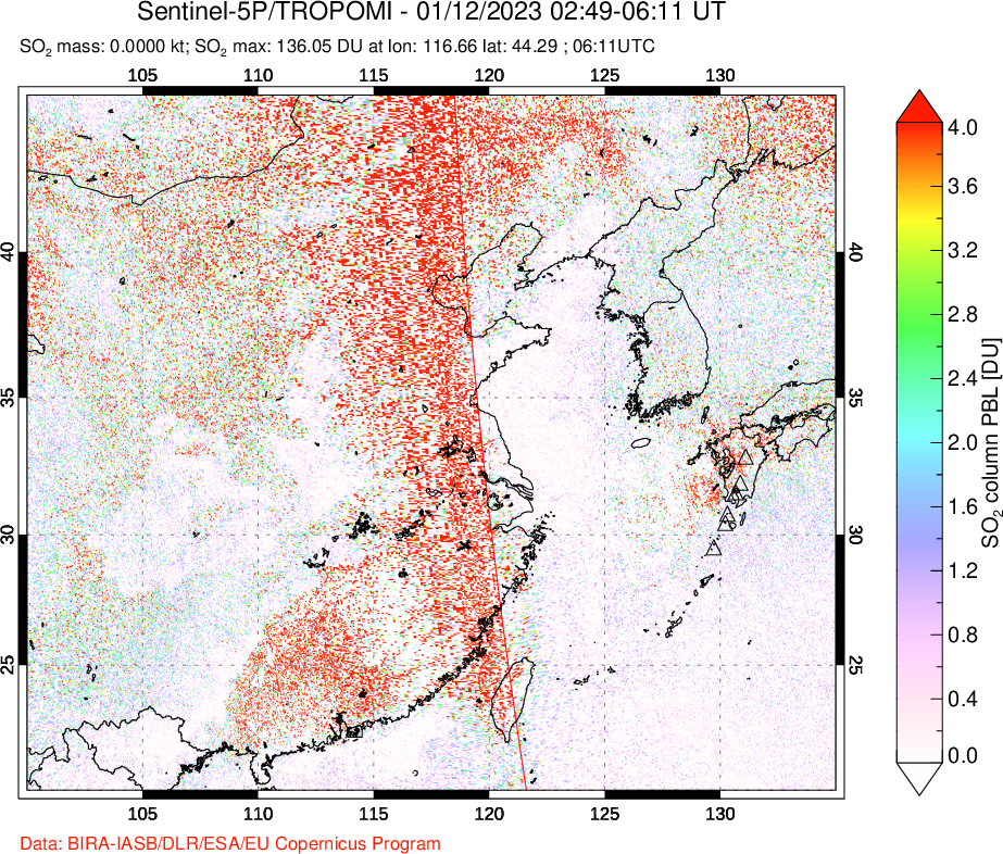 A sulfur dioxide image over Eastern China on Jan 12, 2023.