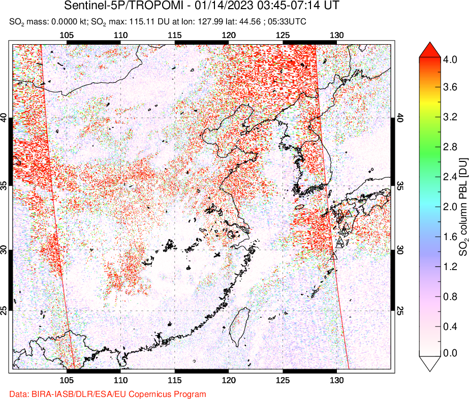 A sulfur dioxide image over Eastern China on Jan 14, 2023.