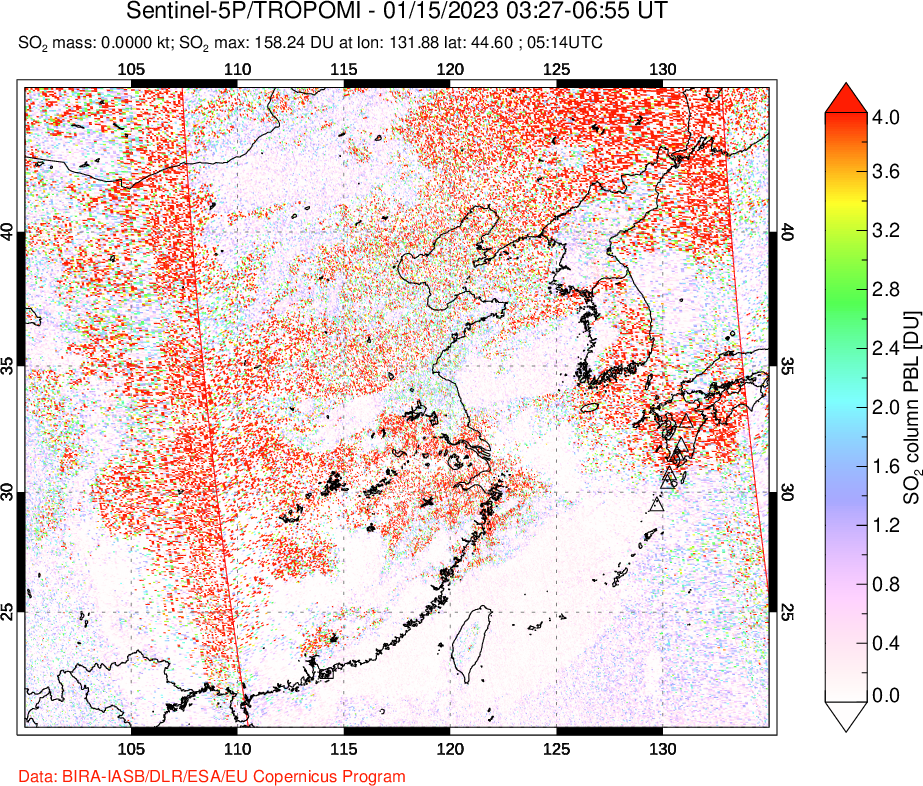 A sulfur dioxide image over Eastern China on Jan 15, 2023.