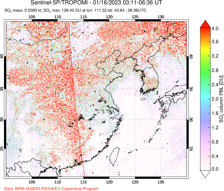 A sulfur dioxide image over Eastern China on Jan 16, 2023.