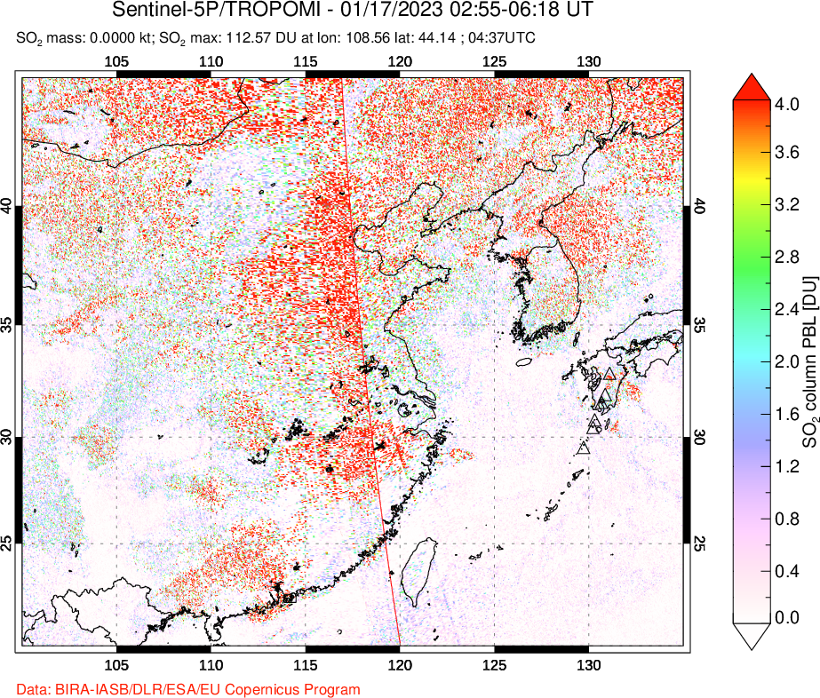 A sulfur dioxide image over Eastern China on Jan 17, 2023.