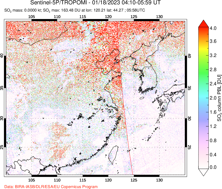 A sulfur dioxide image over Eastern China on Jan 18, 2023.