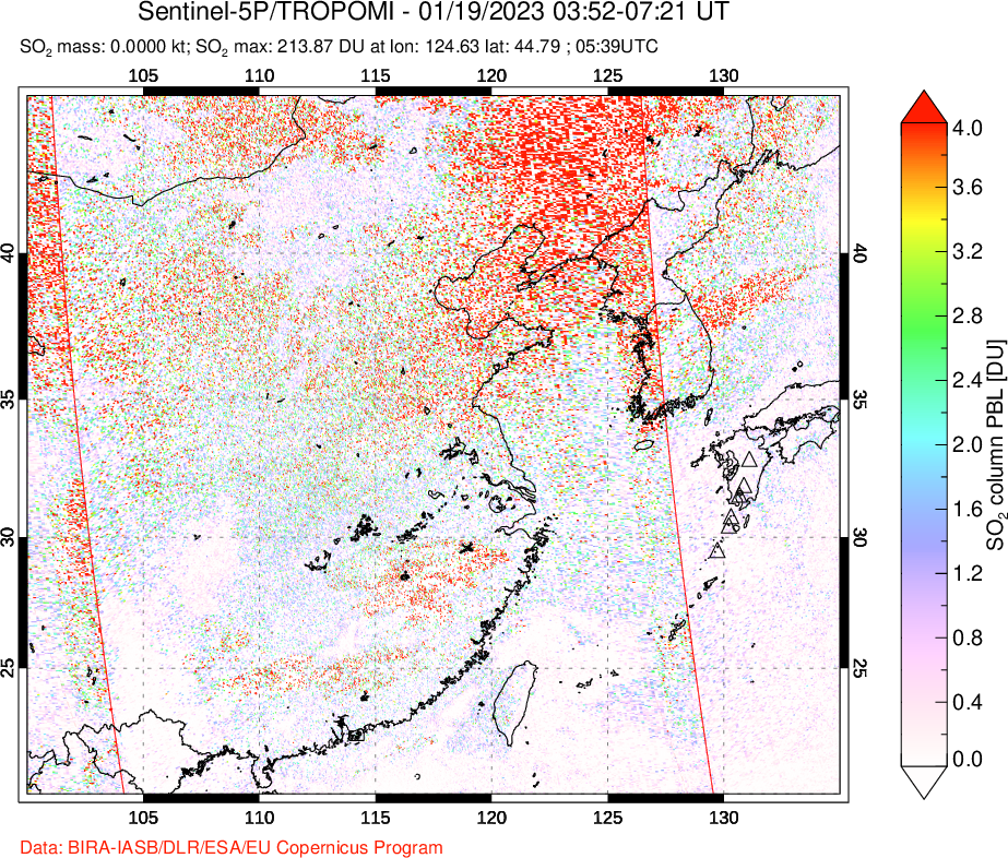 A sulfur dioxide image over Eastern China on Jan 19, 2023.