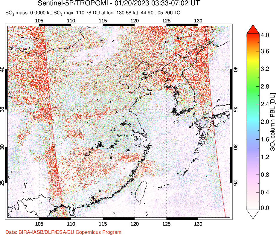 A sulfur dioxide image over Eastern China on Jan 20, 2023.