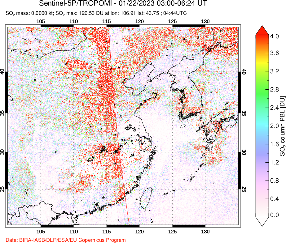 A sulfur dioxide image over Eastern China on Jan 22, 2023.