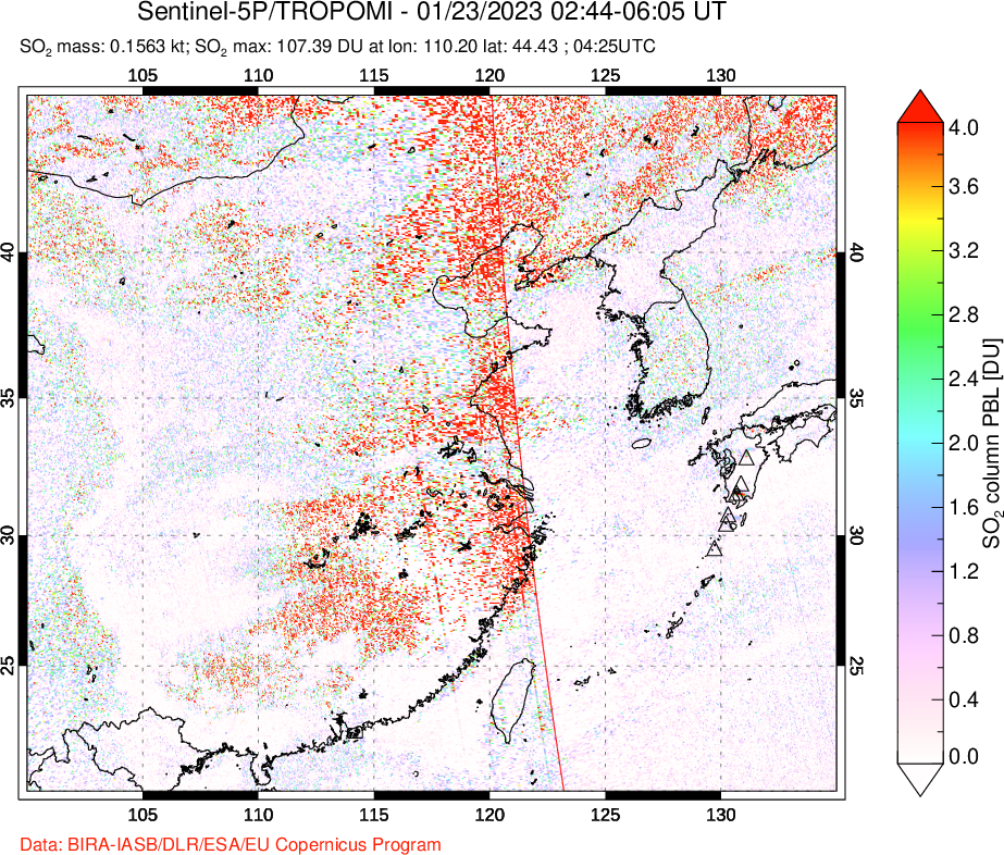 A sulfur dioxide image over Eastern China on Jan 23, 2023.