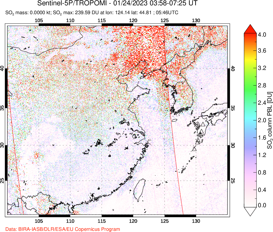 A sulfur dioxide image over Eastern China on Jan 24, 2023.