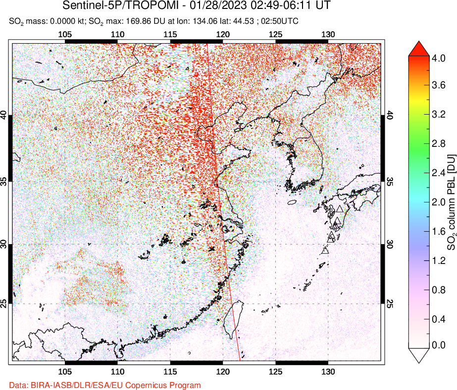 A sulfur dioxide image over Eastern China on Jan 28, 2023.