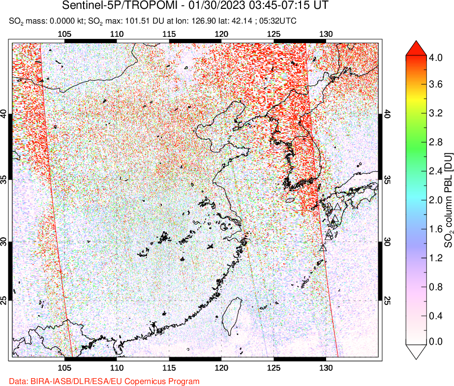 A sulfur dioxide image over Eastern China on Jan 30, 2023.