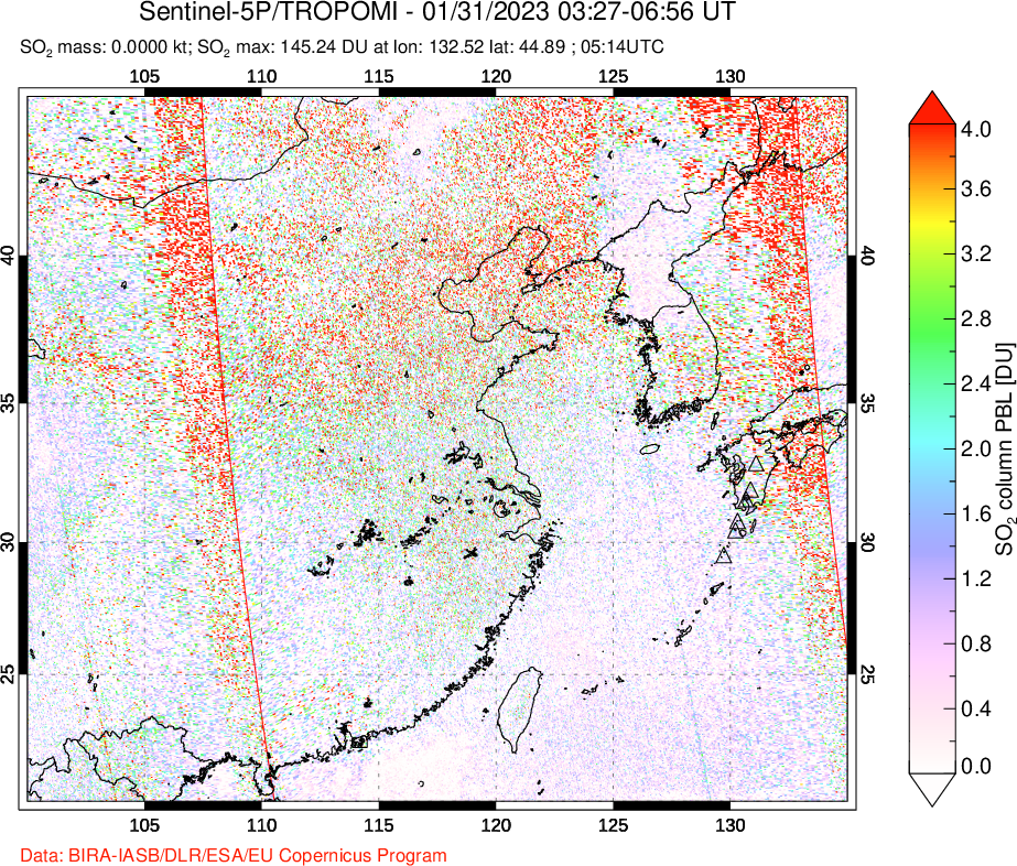 A sulfur dioxide image over Eastern China on Jan 31, 2023.