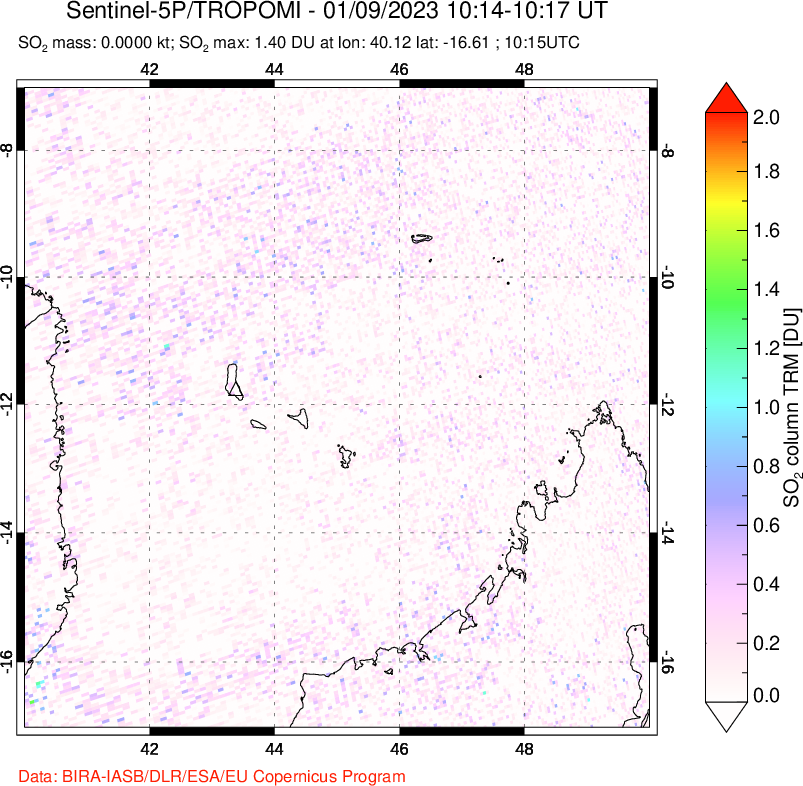 A sulfur dioxide image over Comoro Islands on Jan 09, 2023.