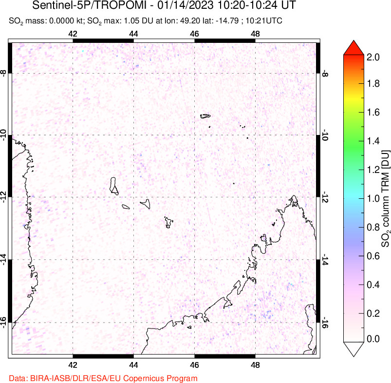 A sulfur dioxide image over Comoro Islands on Jan 14, 2023.