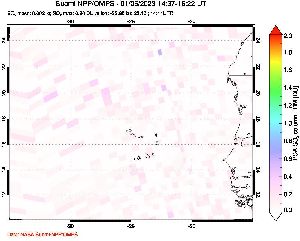 A sulfur dioxide image over Cape Verde Islands on Jan 06, 2023.