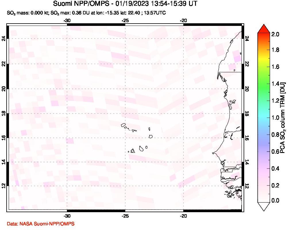 A sulfur dioxide image over Cape Verde Islands on Jan 19, 2023.