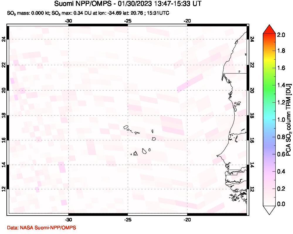 A sulfur dioxide image over Cape Verde Islands on Jan 30, 2023.