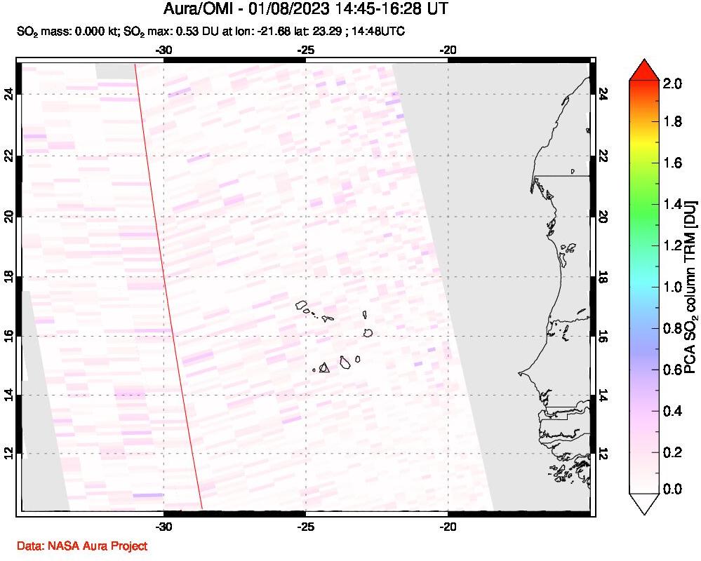 A sulfur dioxide image over Cape Verde Islands on Jan 08, 2023.