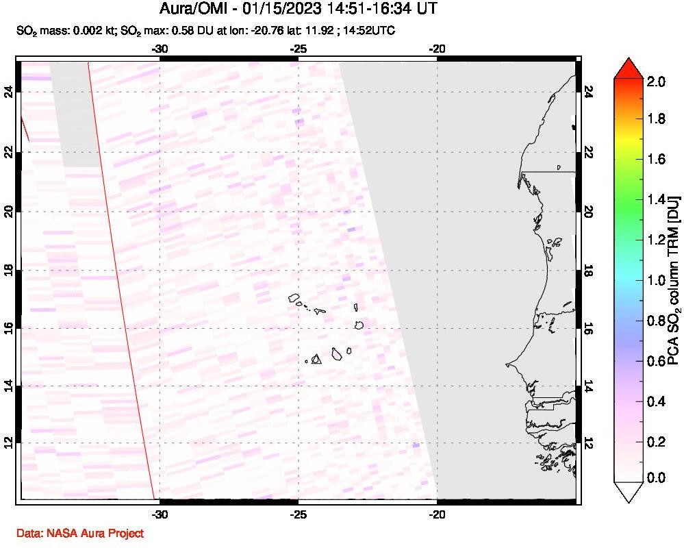 A sulfur dioxide image over Cape Verde Islands on Jan 15, 2023.