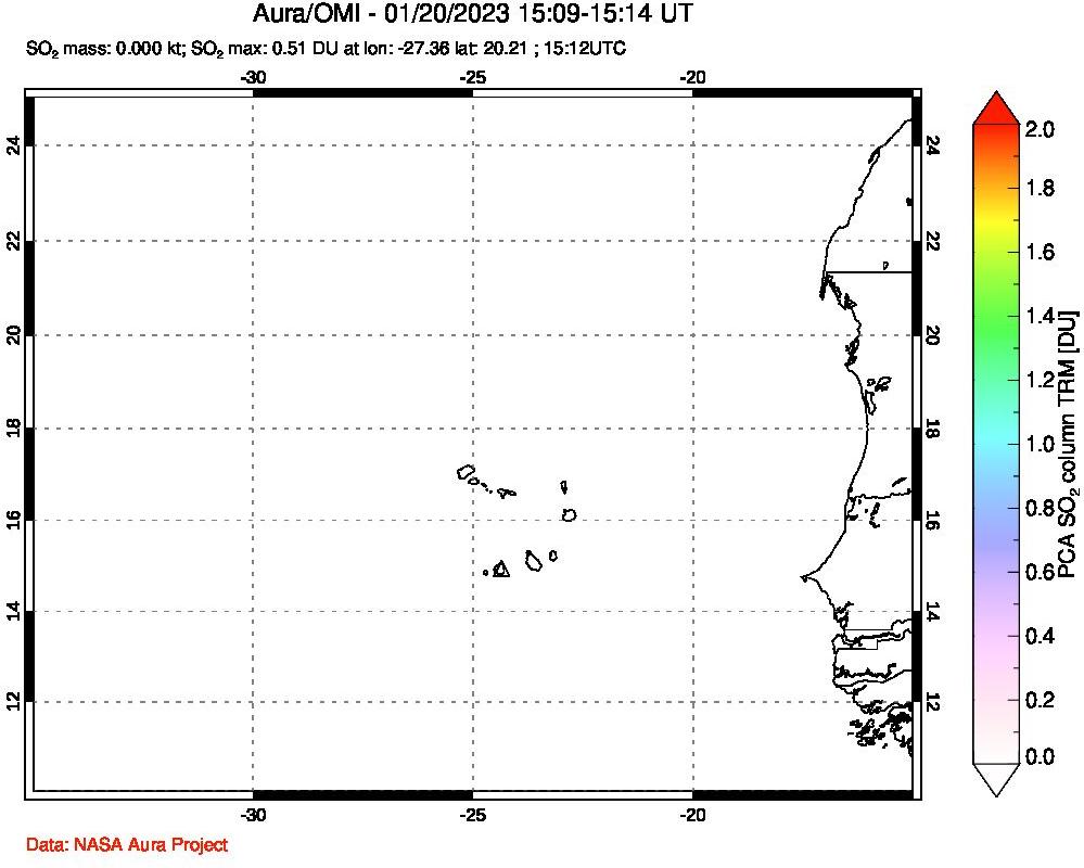 A sulfur dioxide image over Cape Verde Islands on Jan 20, 2023.