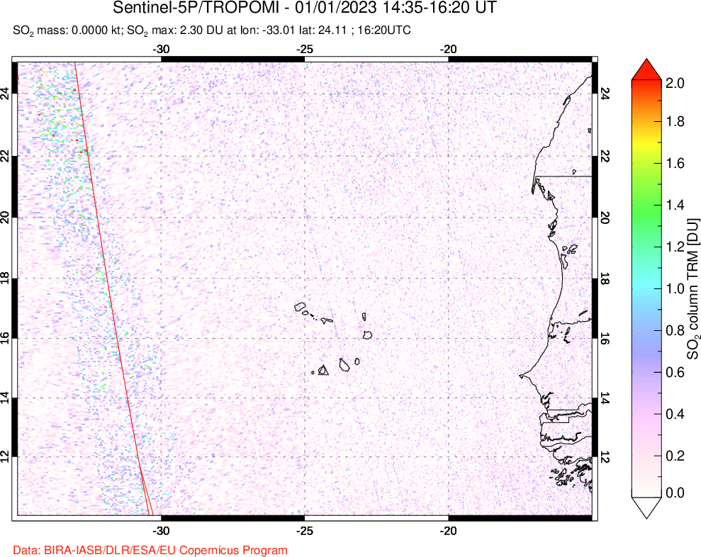 A sulfur dioxide image over Cape Verde Islands on Jan 01, 2023.