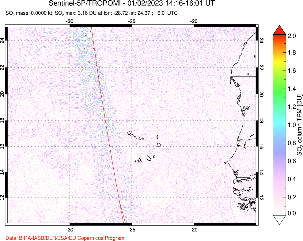 A sulfur dioxide image over Cape Verde Islands on Jan 02, 2023.