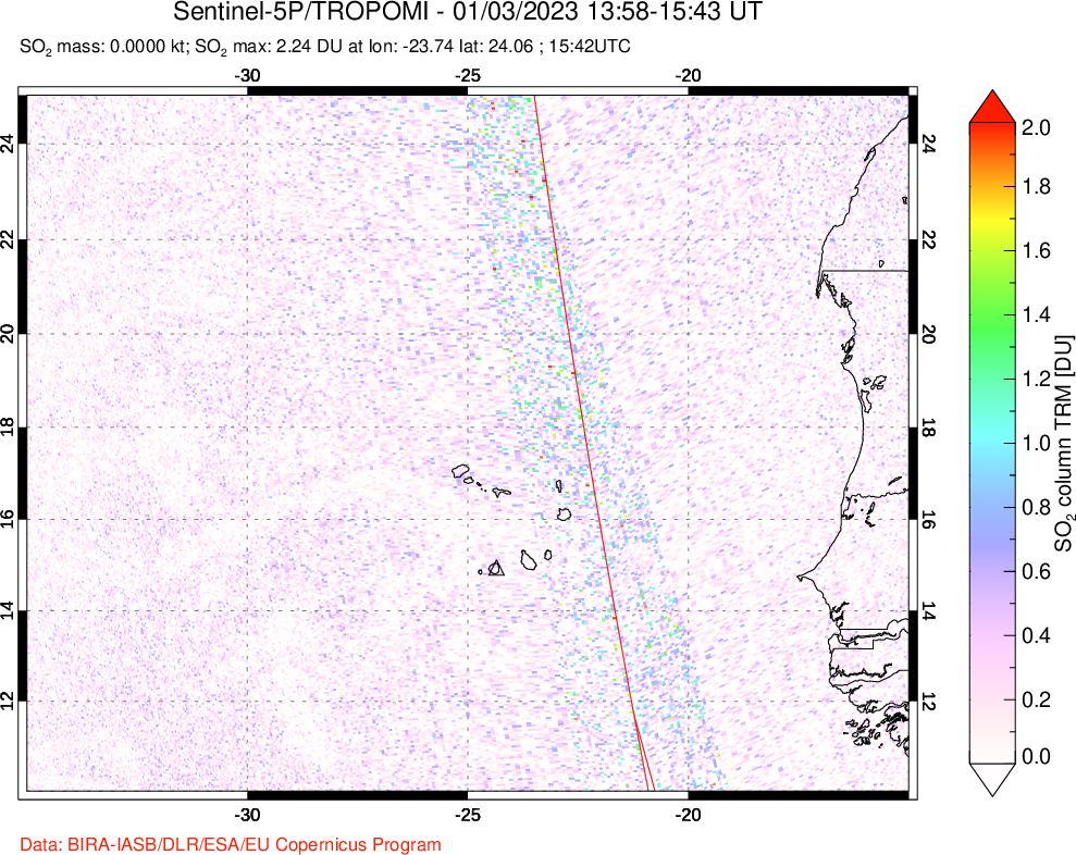 A sulfur dioxide image over Cape Verde Islands on Jan 03, 2023.