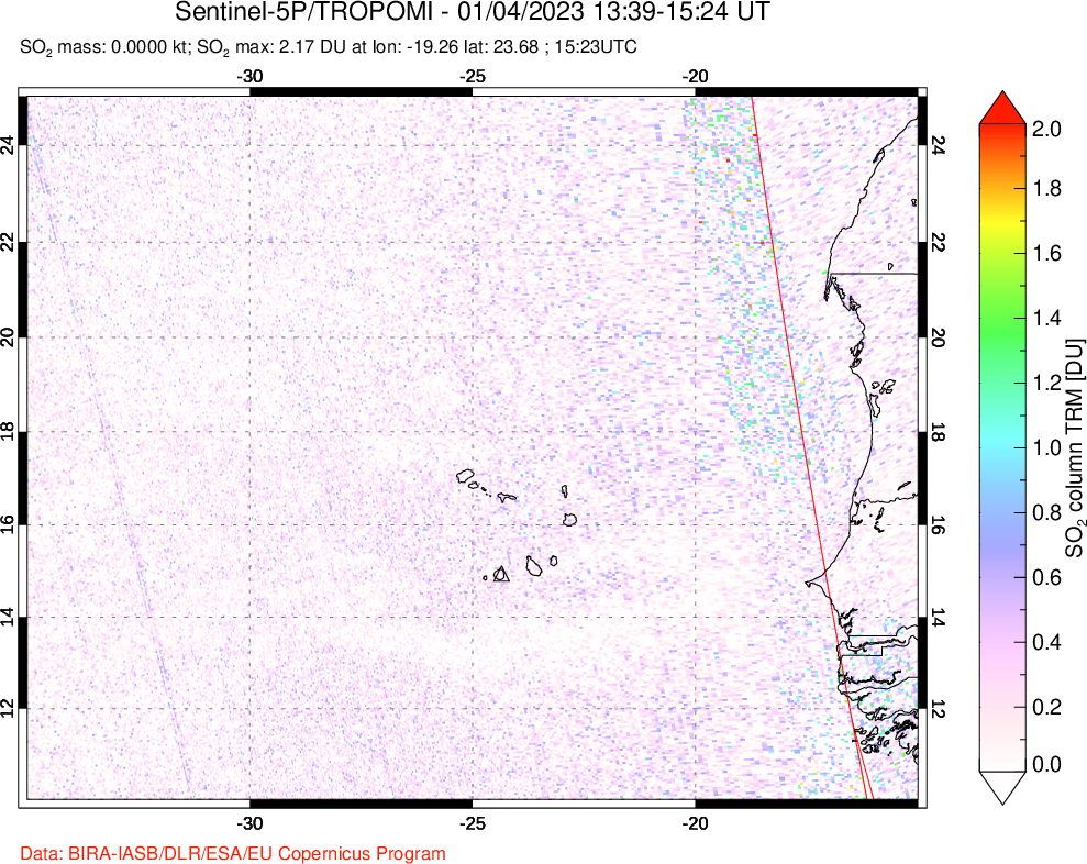 A sulfur dioxide image over Cape Verde Islands on Jan 04, 2023.