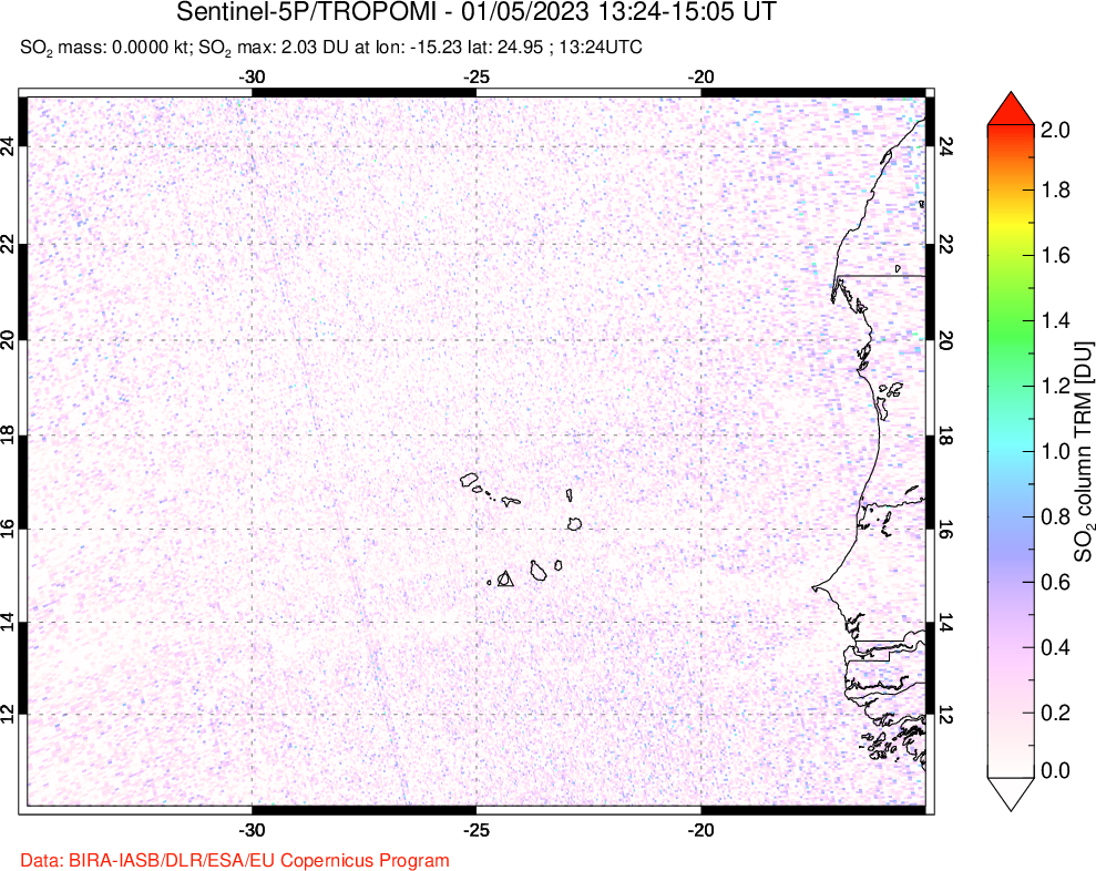 A sulfur dioxide image over Cape Verde Islands on Jan 05, 2023.