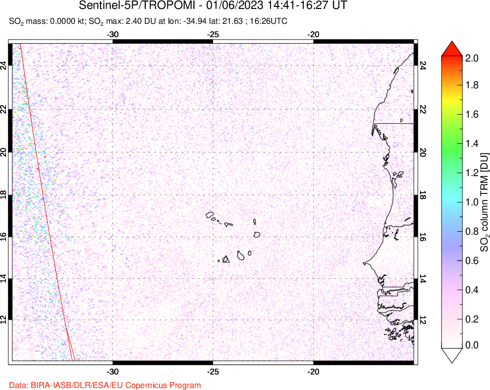 A sulfur dioxide image over Cape Verde Islands on Jan 06, 2023.