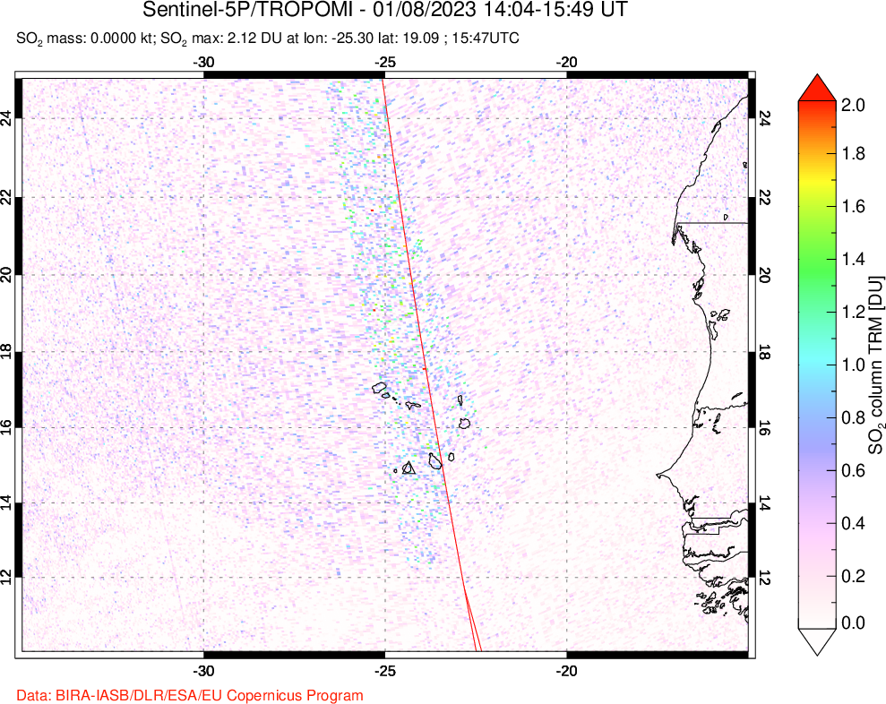 A sulfur dioxide image over Cape Verde Islands on Jan 08, 2023.