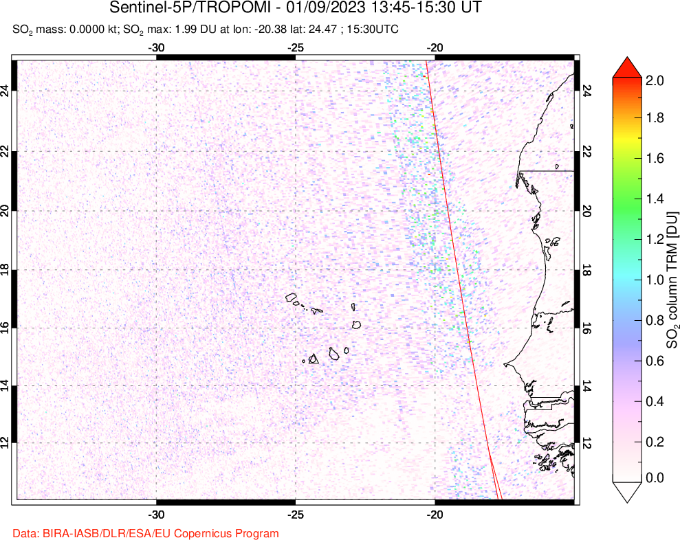 A sulfur dioxide image over Cape Verde Islands on Jan 09, 2023.