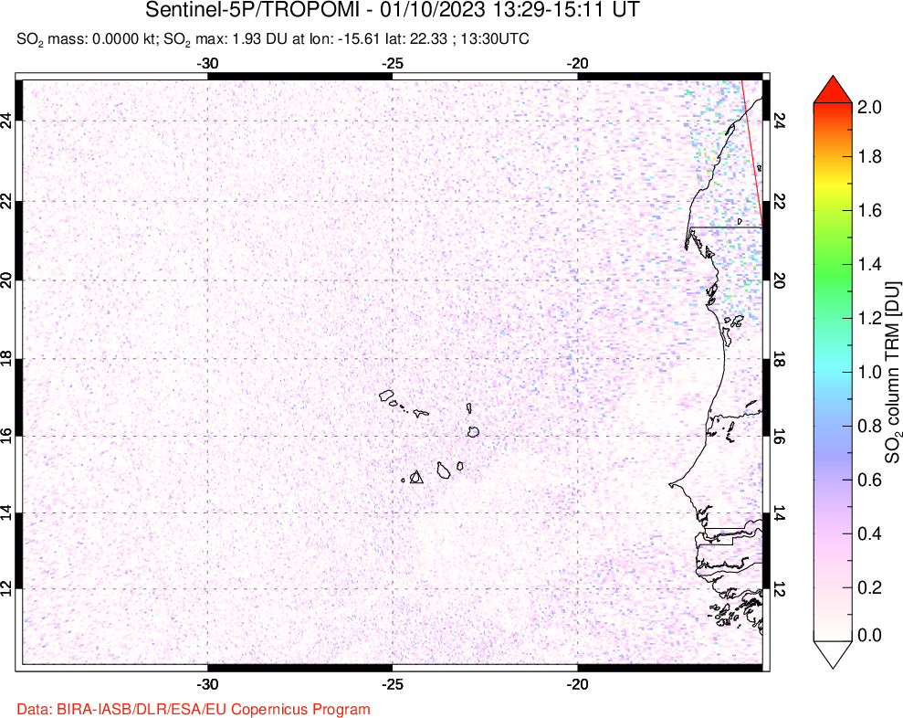A sulfur dioxide image over Cape Verde Islands on Jan 10, 2023.