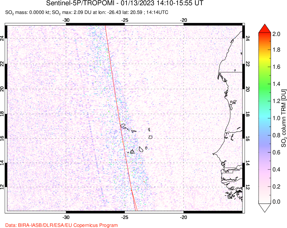 A sulfur dioxide image over Cape Verde Islands on Jan 13, 2023.