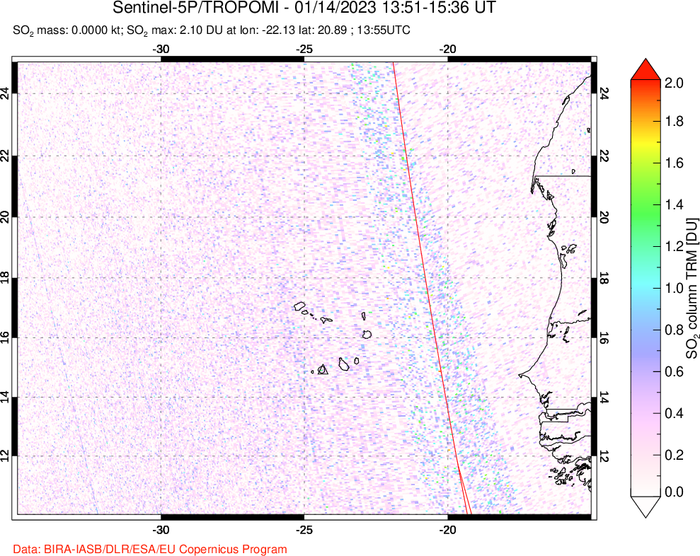 A sulfur dioxide image over Cape Verde Islands on Jan 14, 2023.