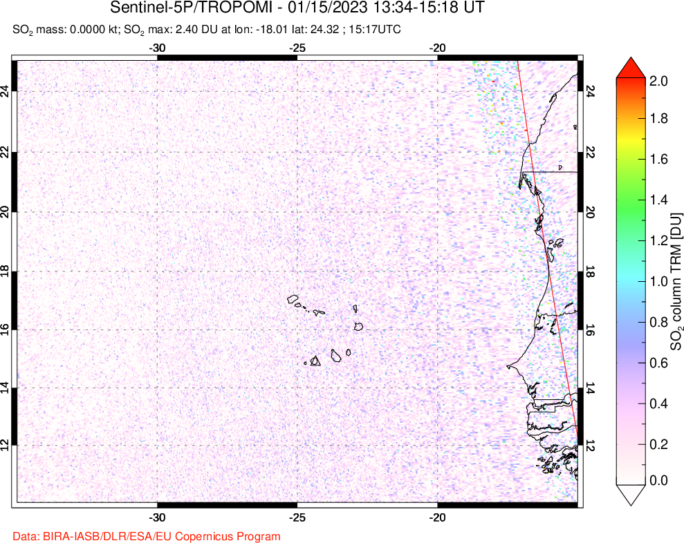 A sulfur dioxide image over Cape Verde Islands on Jan 15, 2023.