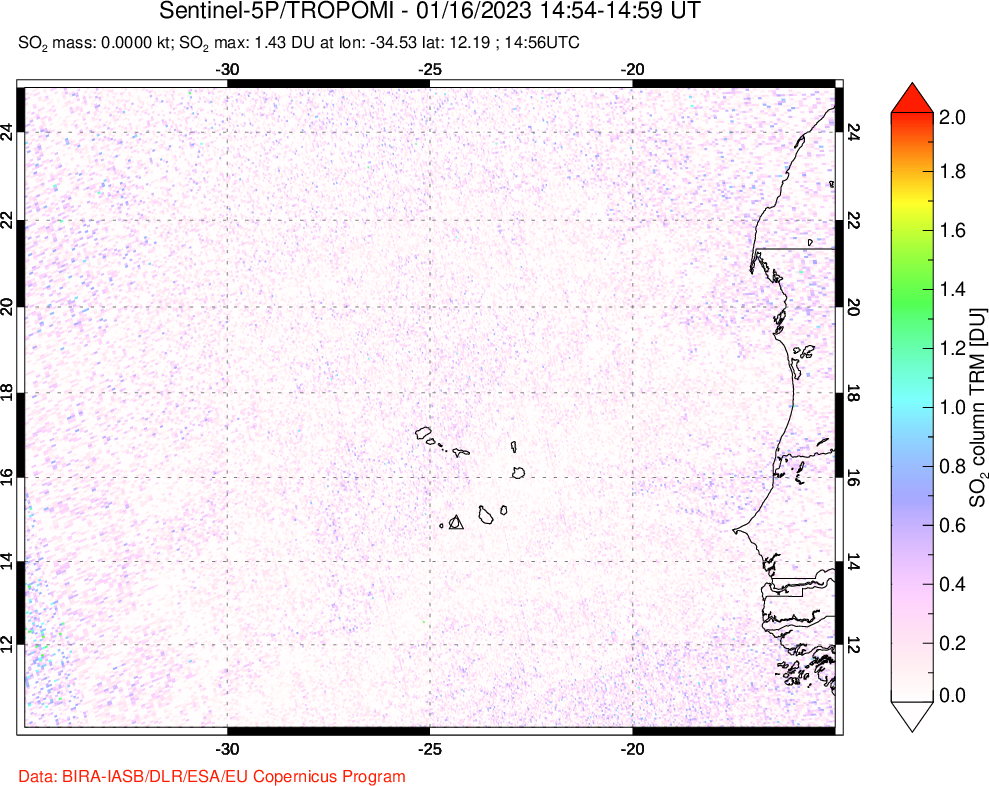 A sulfur dioxide image over Cape Verde Islands on Jan 16, 2023.