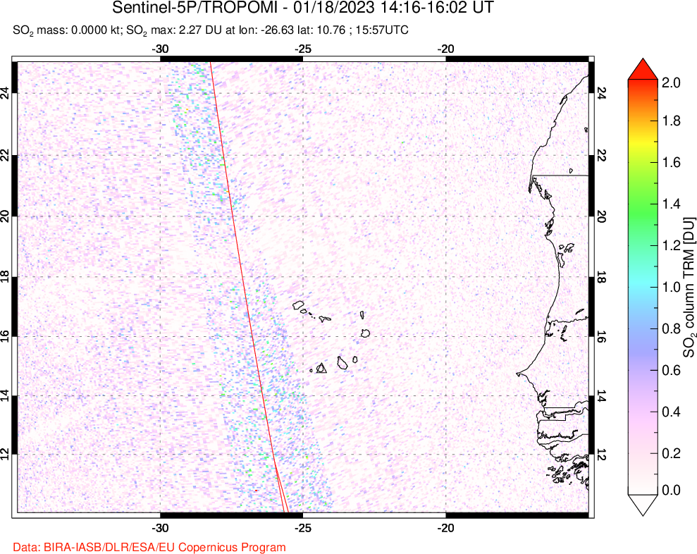 A sulfur dioxide image over Cape Verde Islands on Jan 18, 2023.