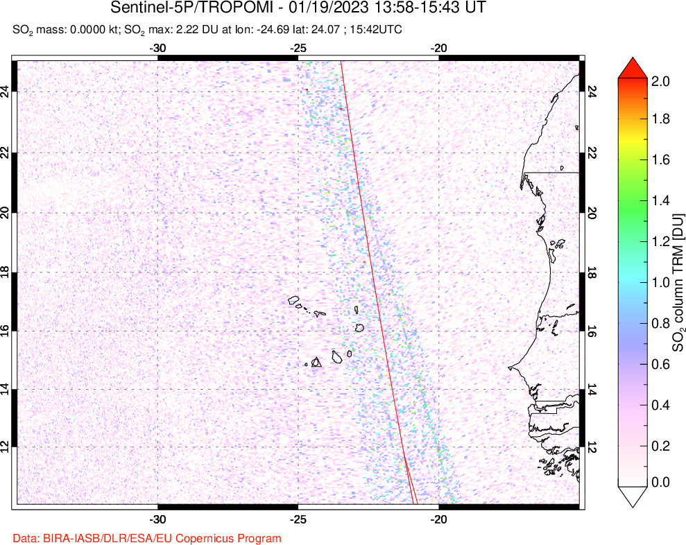 A sulfur dioxide image over Cape Verde Islands on Jan 19, 2023.