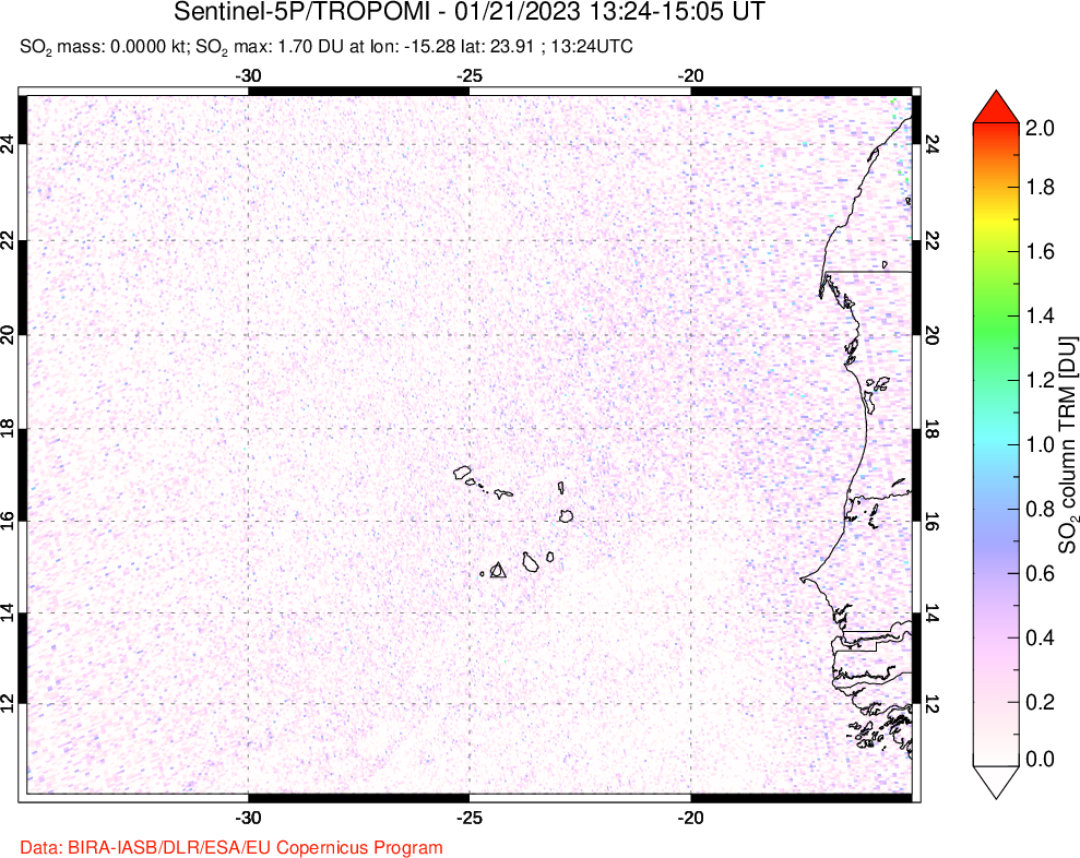 A sulfur dioxide image over Cape Verde Islands on Jan 21, 2023.