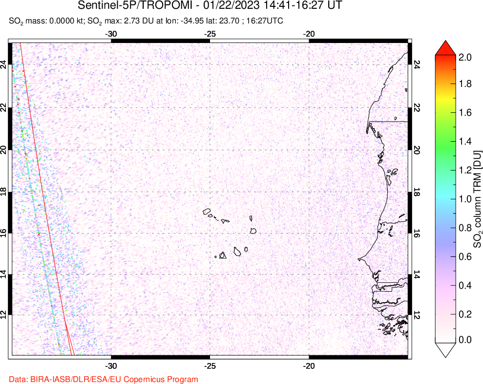 A sulfur dioxide image over Cape Verde Islands on Jan 22, 2023.