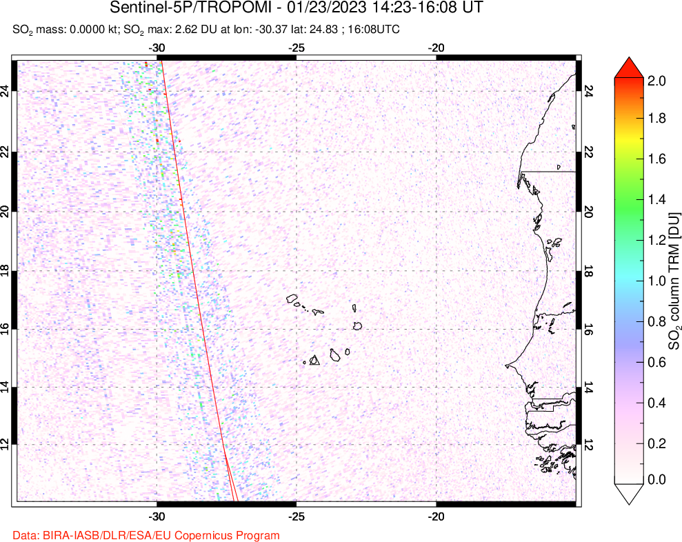 A sulfur dioxide image over Cape Verde Islands on Jan 23, 2023.