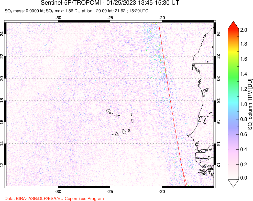 A sulfur dioxide image over Cape Verde Islands on Jan 25, 2023.